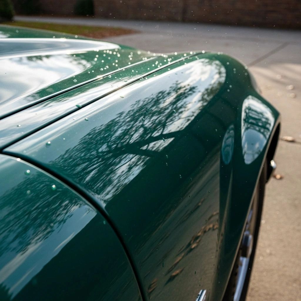 Green vintage car hood after detailing